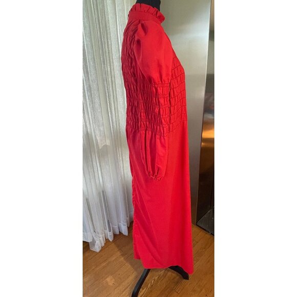 Vintage 70s red dress, smocked bodice with long sleeves, ankle length, 10/12 (L) - Picture 7 of 8